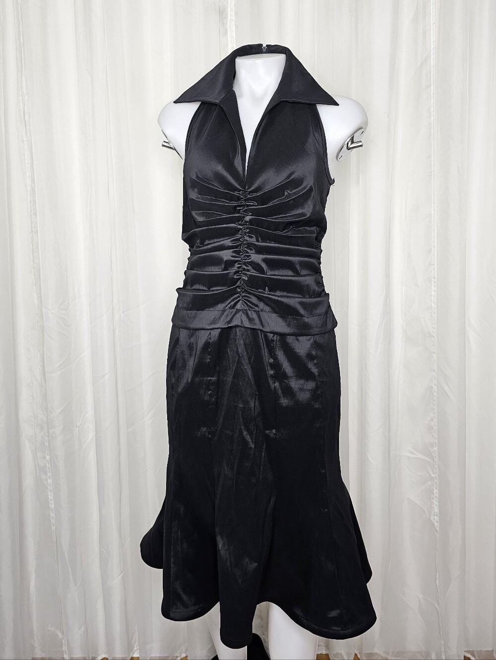 Tadashi Shoji 90s Y2k Black Sateen Taffeta Dagger Collar Ruched Tuxedo Dress 8